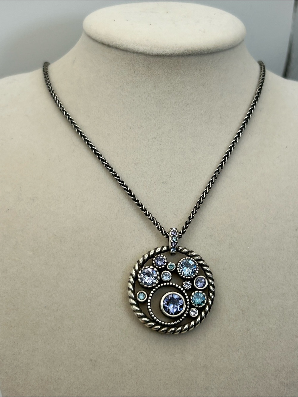 Brighton Halo Necklace Silver Plated 18" Blue Purple Crystals Round Pendant - Picture 2 of 10